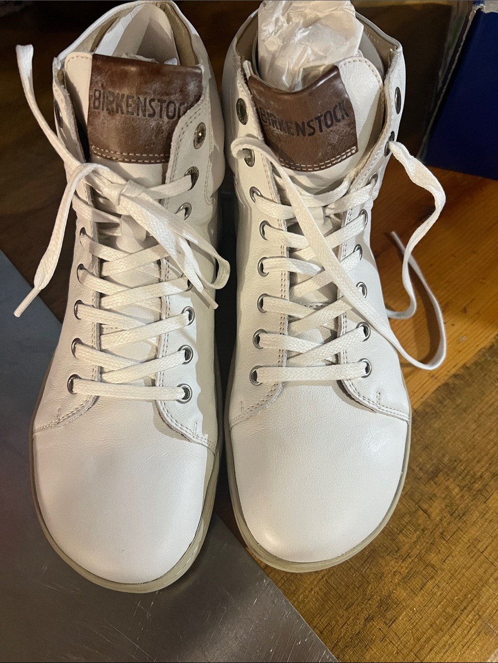 Birkenstock Bartlett White Leather High-Top Sneakers with Brown Tongue Patch